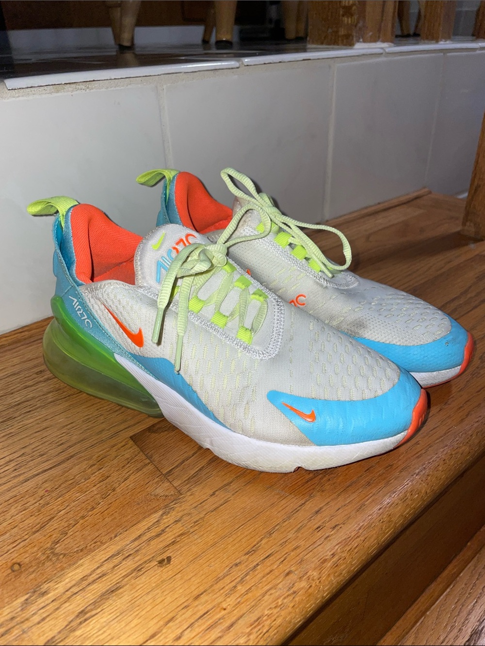 Nike Kids Air Max 270 Sneakers - White with Blue, Orange & Neon Green